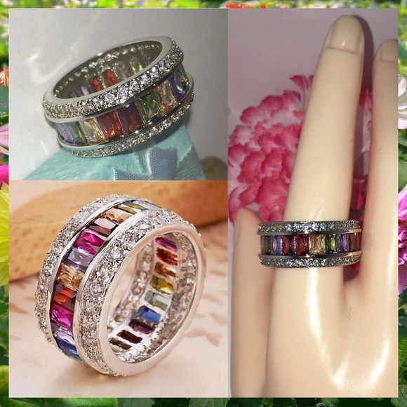 Birthstone Anniversary wedding jewelry Jewelry - 6.96ct Baguette Paved Rainbow Zircon Band Ring